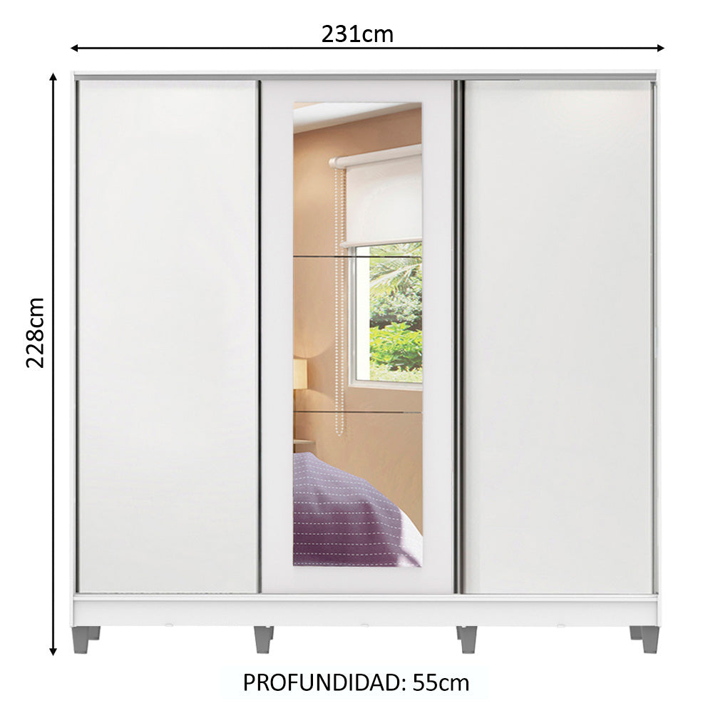 Placard Matrimonial 100% MDF Eros 3 Puertas Corredizas con Espejo con Patas Blanco