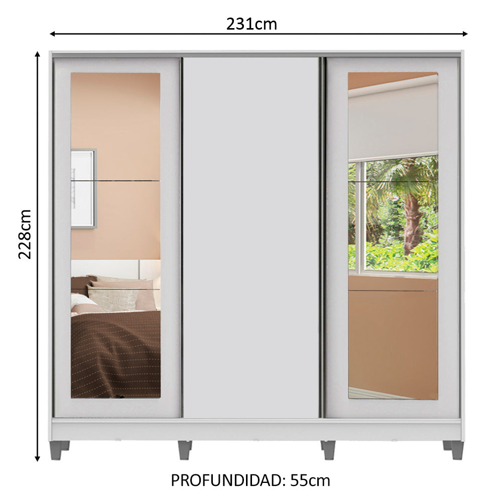 Placard Matrimonial 100% MDF 3 Puertas Corredizas con Espejos Blanco con Patas Eros