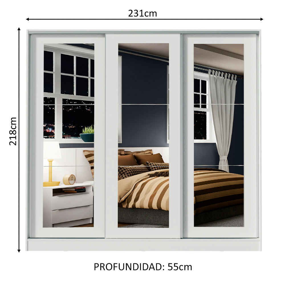 Placard Matrimonial 100% MDF 3 Puertas Corredizas con Espejos Blanco Eros