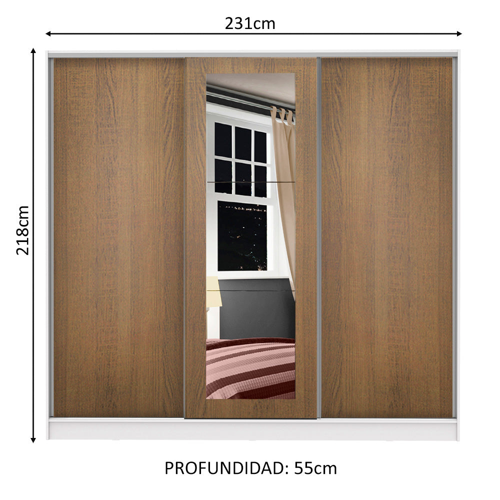 Placard Matrimonial 100% MDF Eros 3 Puertas Corredizas con Espejo Blanco/Marrón