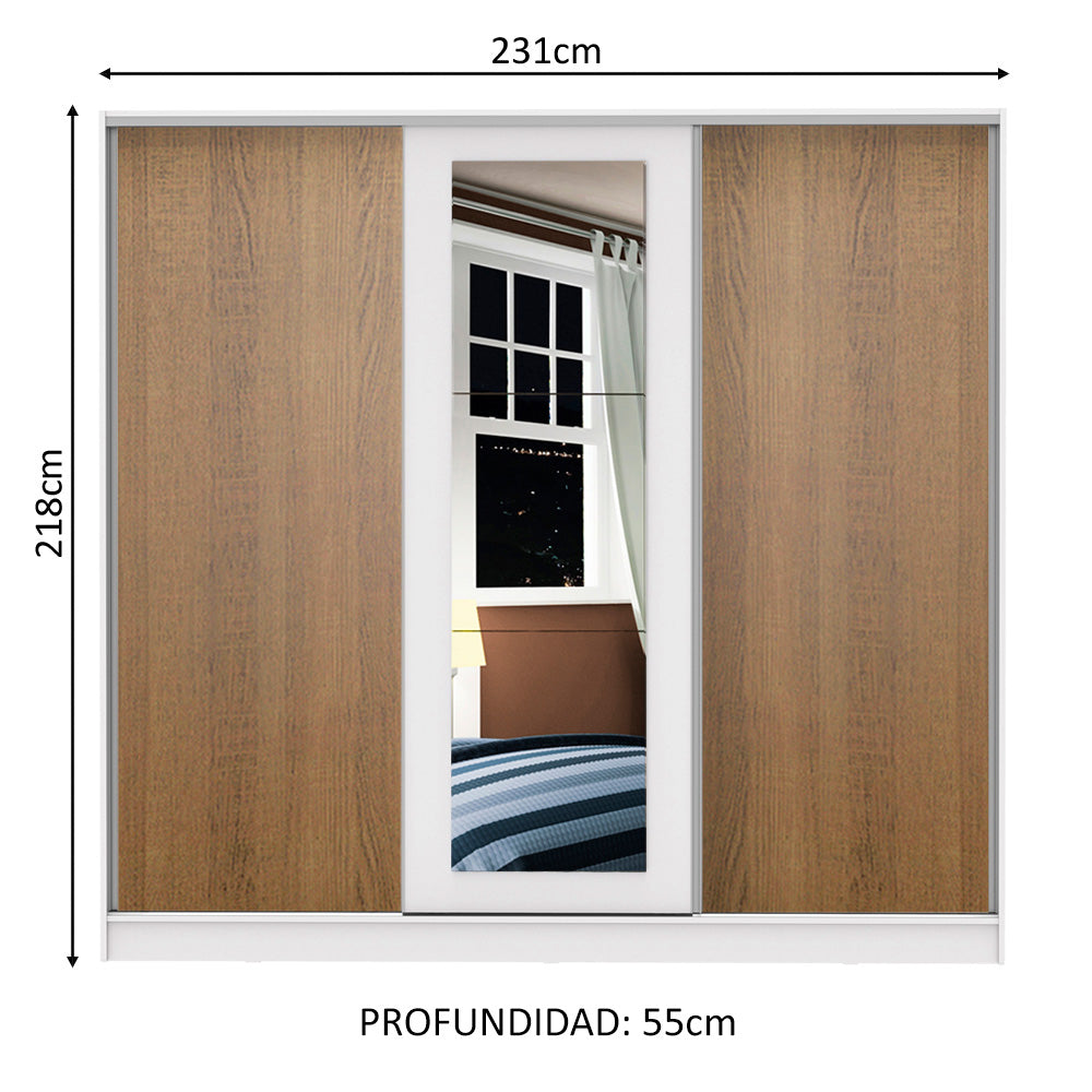 Placard Matrimonial 100% MDF Eros 3 Puertas Corredizas con Espejo Blanco/Blanco/Marrón