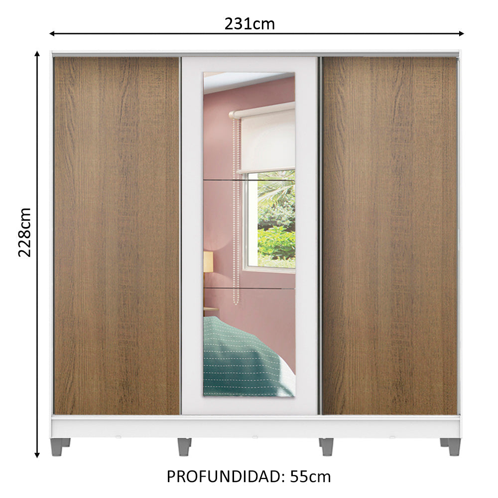 Placard Matrimonial 100% MDF Eros 3 Puertas Corredizas con Espejo con Patas Blanco/Marrón