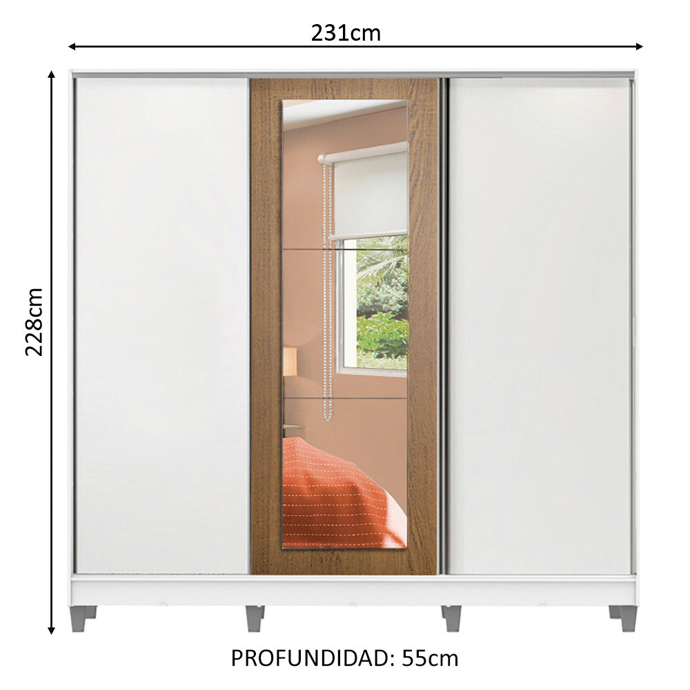 Placard Matrimonial 100% MDF Eros 3 Puertas Corredizas con Espejo con Patas Blanco/Blanco/Marrón