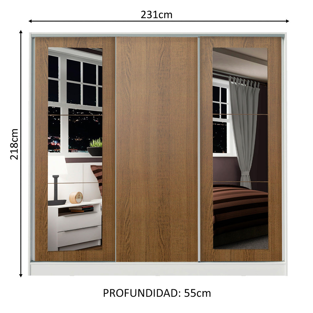 Placard Matrimonial 100% MDF 3 Puertas Corredizas con Espejos Blanco/Marrón Eros