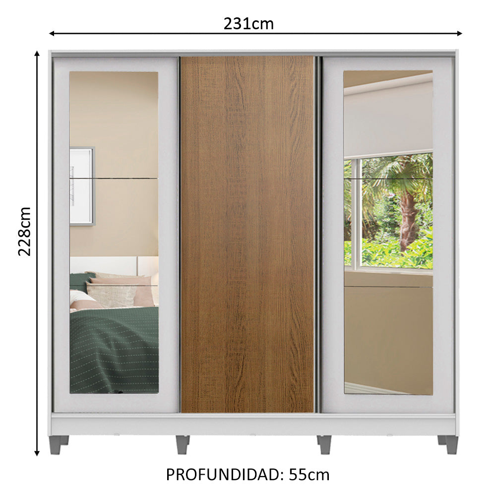 Placard Matrimonial 100% MDF 3 Puertas Corredizas con Espejos Blanco/Marrón con Patas Eros