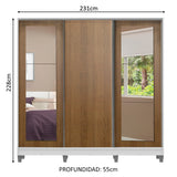 Placard Matrimonial 100% MDF 3 Puertas Corredizas con Espejos Blanco/Marrón con Patas Eros