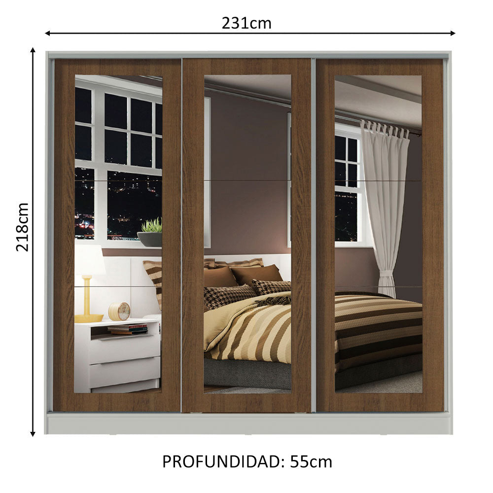 Placard Matrimonial 100% MDF 3 Puertas Corredizas con Espejos Blanco/Marrón Eros