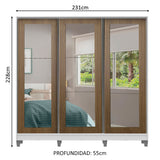 Placard Matrimonial 100% MDF 3 Puertas Corredizas con Espejos Blanco/Marrón con Patas Eros