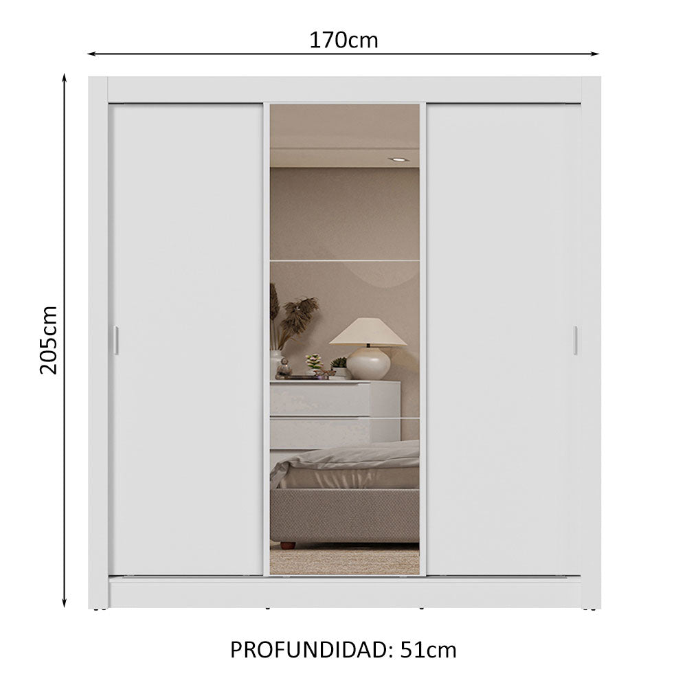 Placard Matrimonial 3 Puertas Corredizas con Espejo 2 Cajones Blanco Sublime