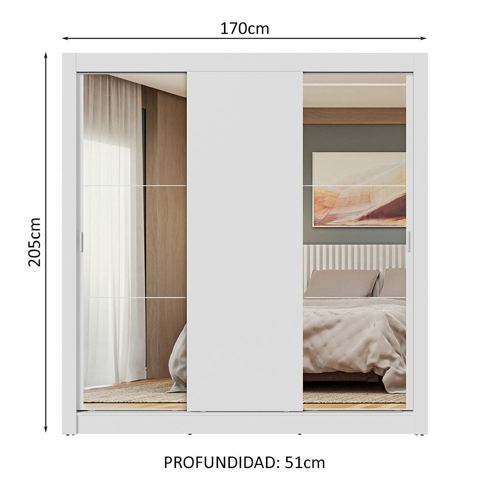 Placard Matrimonial 3 Puertas Corredizas con Espejos Blanco Nobre