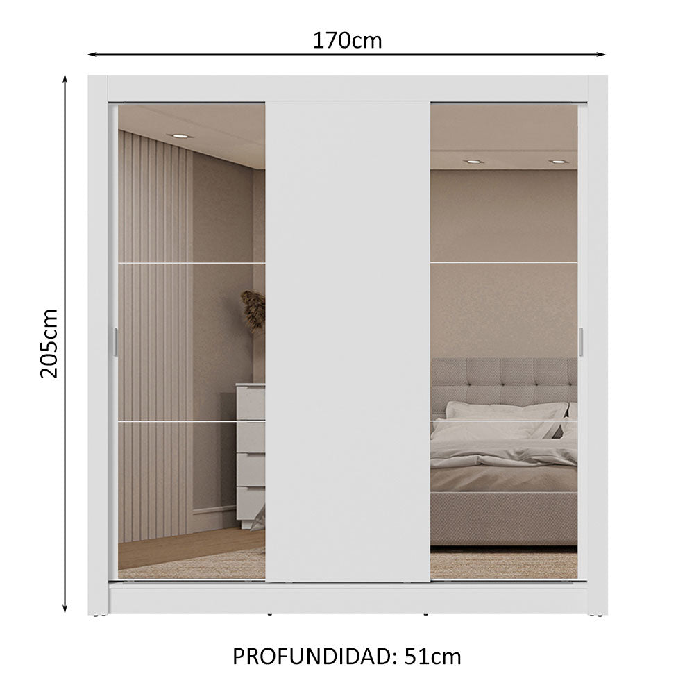 Placard Matrimonial 3 Puertas Corredizas con Espejos 2 Cajones Blanco Sublime