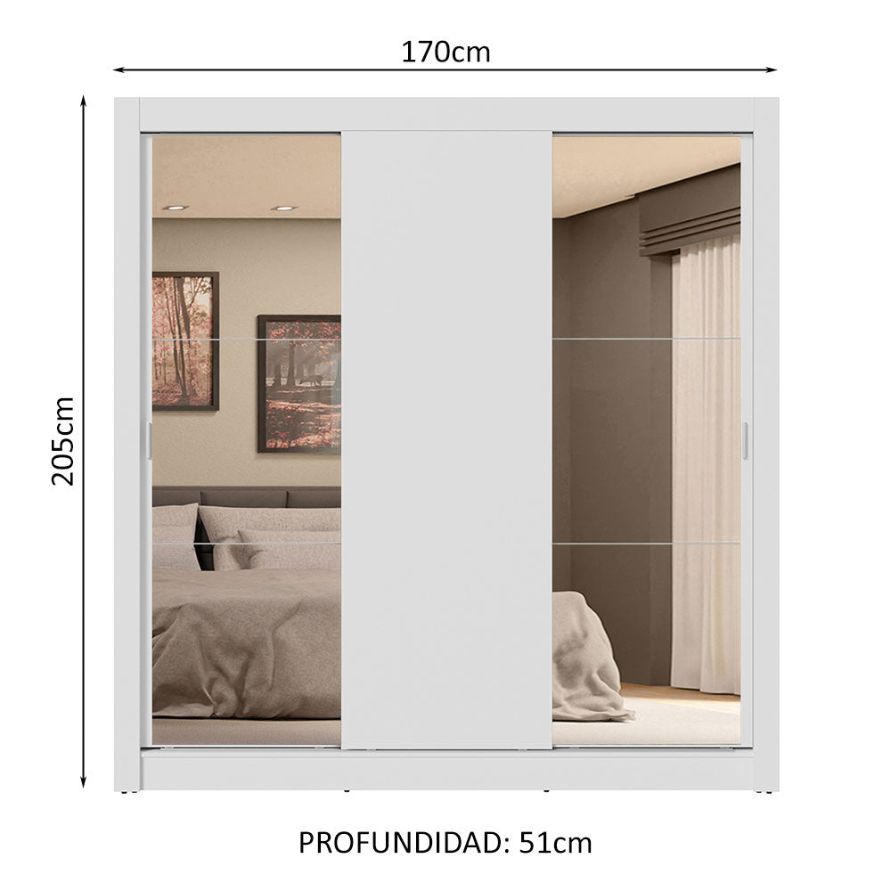 Placard Matrimonial 3 Puertas Corredizas con Espejos 4 Cajones Blanco Sublime Plus