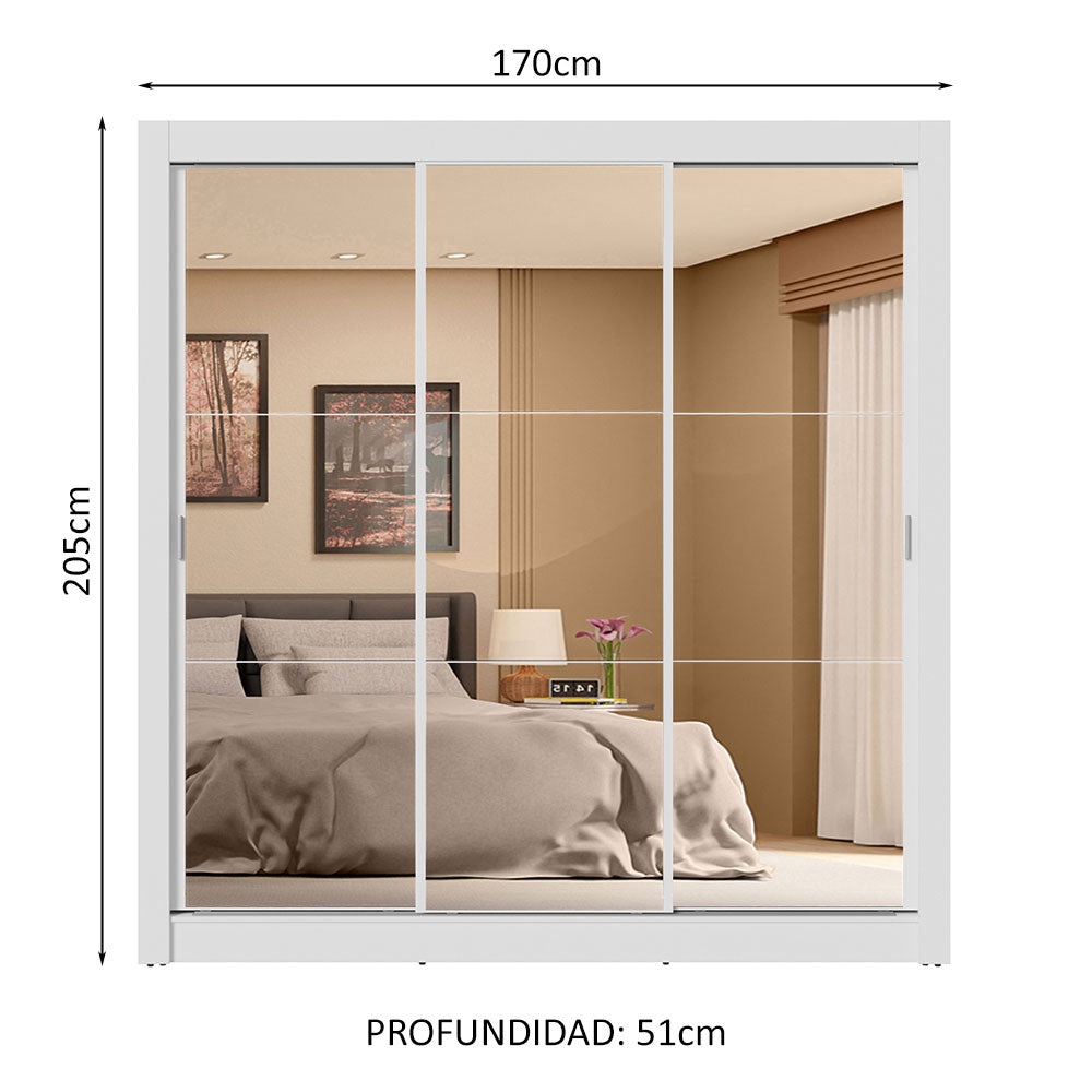 Placard Matrimonial 3 Puertas Corredizas de Espejo 4 Cajones Blanco Sublime Plus