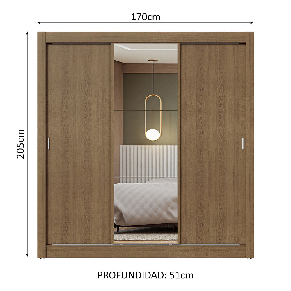 Placard Matrimonial 3 Puertas Corredizas con Espejo Marrón Nobre