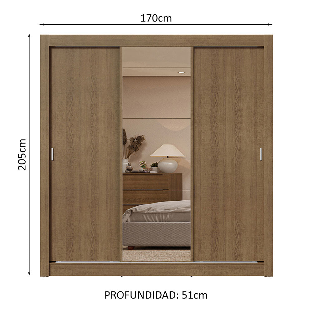 Placard Matrimonial 3 Puertas Corredizas con Espejo 2 Cajones Marrón Sublime