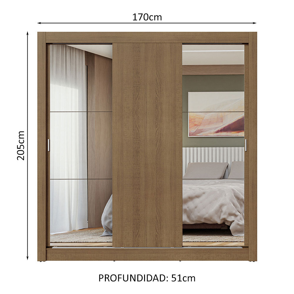 Placard Matrimonial 3 Puertas Corredizas con Espejos Marrón Nobre