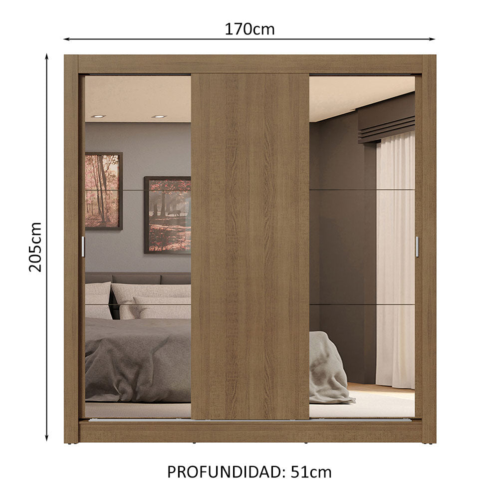 Placard Matrimonial 3 Puertas Corredizas con Espejos 4 Cajones Marrón Sublime Plus
