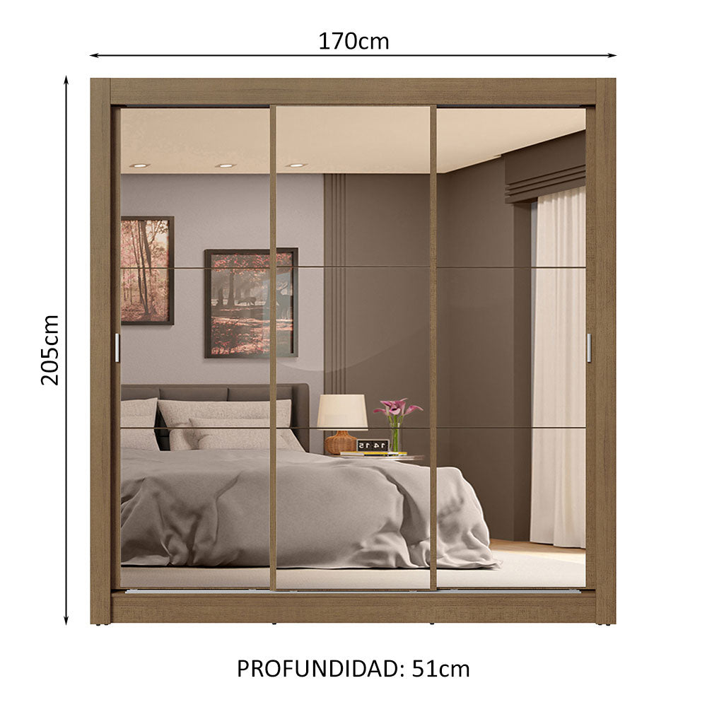 Placard Matrimonial 3 Puertas Corredizas de Espejo 4 Cajones Marrón Sublime Plus
