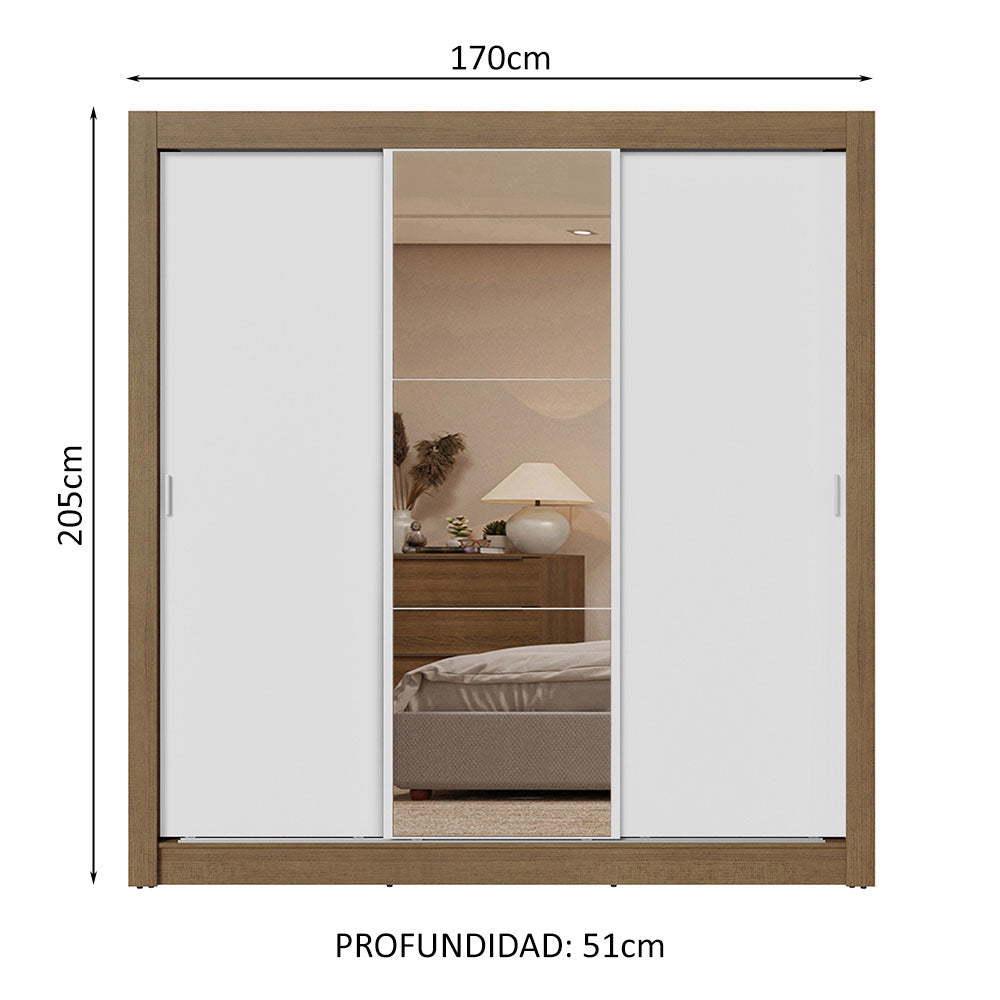 Placard Matrimonial 3 Puertas Corredizas con Espejo 2 Cajones Marrón/Blanco Sublime