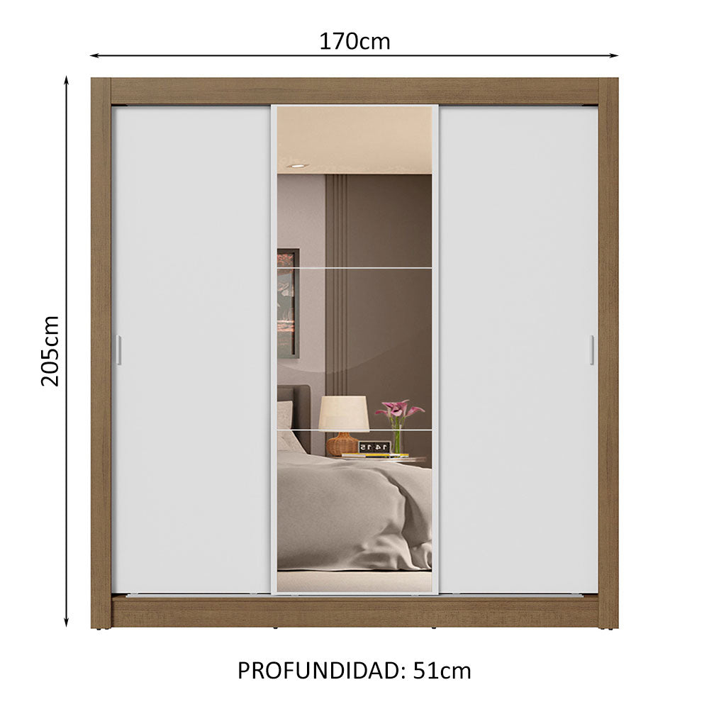 Placard Matrimonial 3 Puertas Corredizas con Espejo 4 Cajones Marrón/Blanco Sublime Plus