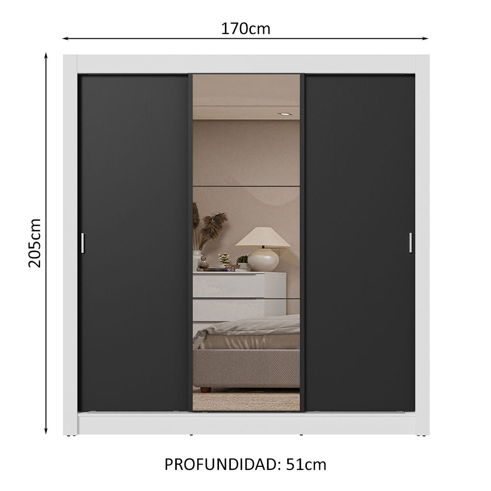 Placard Matrimonial 3 Puertas Corredizas con Espejo 2 Cajones Blanco/Negro Sublime
