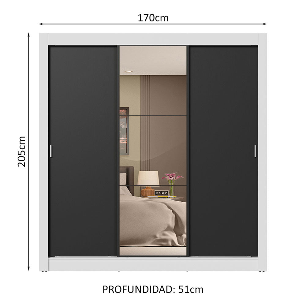 Placard Matrimonial 3 Puertas Corredizas con Espejo 4 Cajones Blanco/Negro Sublime Plus