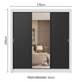 Placard Matrimonial 3 Puertas Corredizas con Espejo 4 Cajones Blanco/Negro Sublime Plus