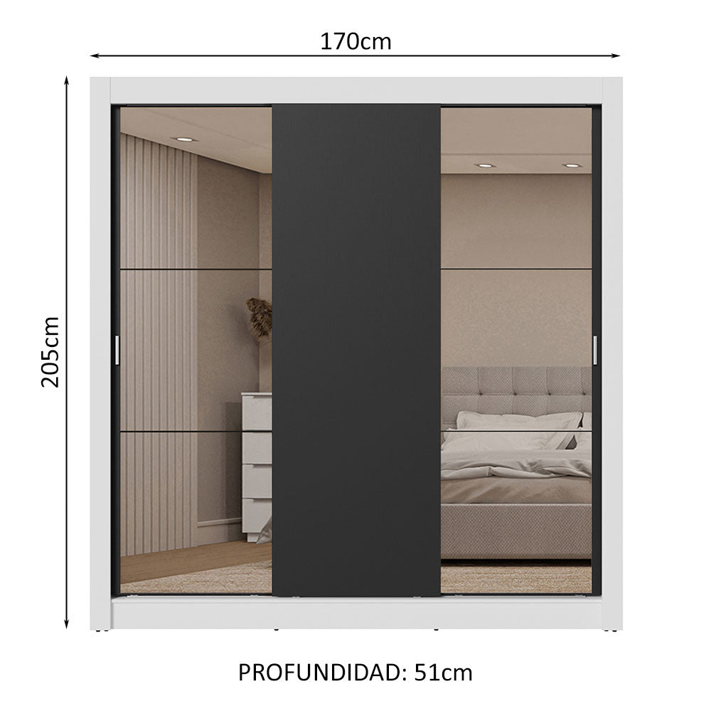 Placard Matrimonial 3 Puertas Corredizas con Espejos 2 Cajones Blanco/Negro Sublime