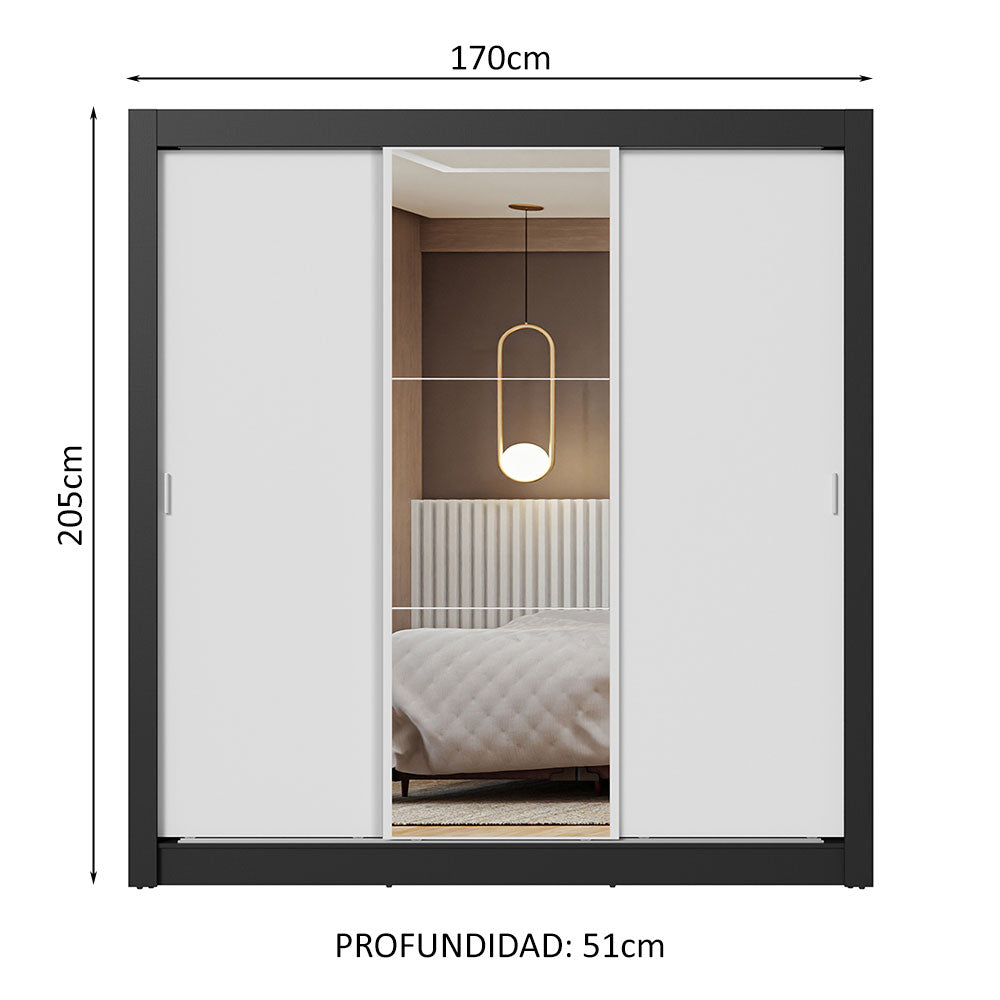 Placard Matrimonial 3 Puertas Corredizas con Espejo Negro/Blanco Nobre