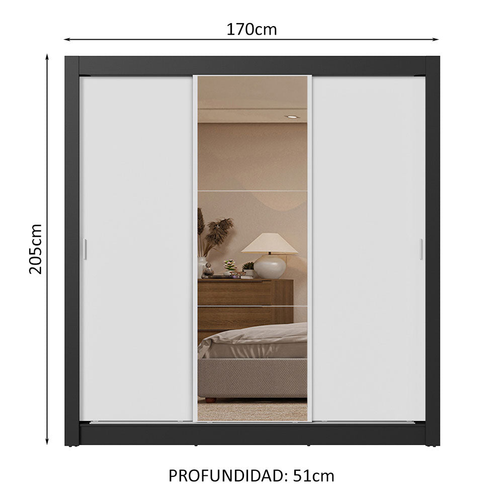 Placard Matrimonial 3 Puertas Corredizas con Espejo 2 Cajones Negro/Blanco Sublime