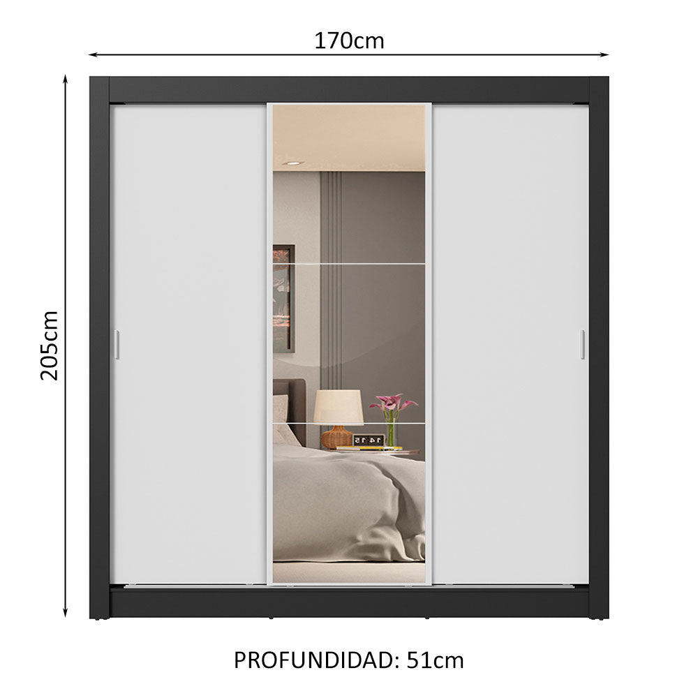 Placard Matrimonial 3 Puertas Corredizas con Espejo 4 Cajones Negro/Blanco Sublime Plus