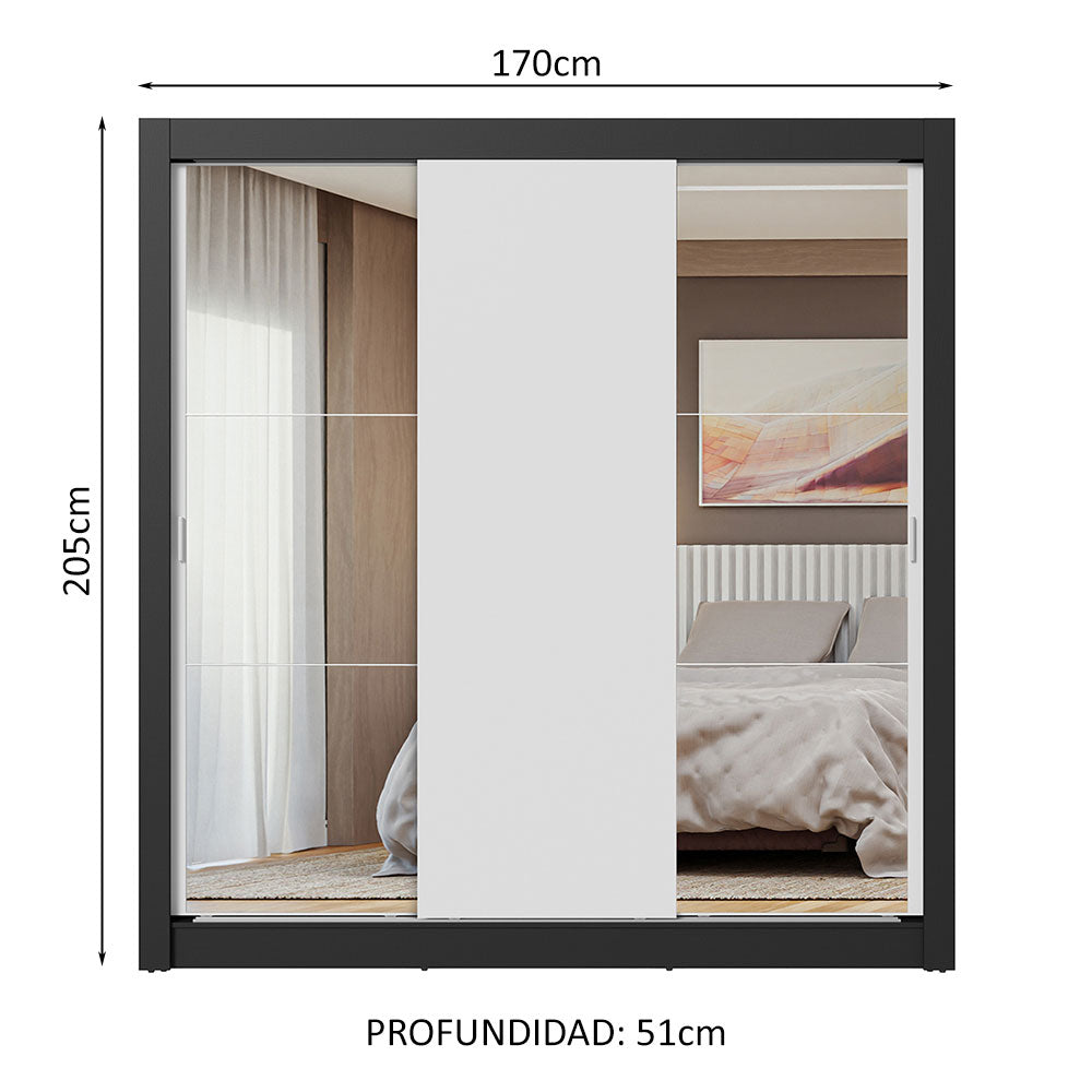 Placard Matrimonial 3 Puertas Corredizas con Espejos Negro/Blanco Nobre