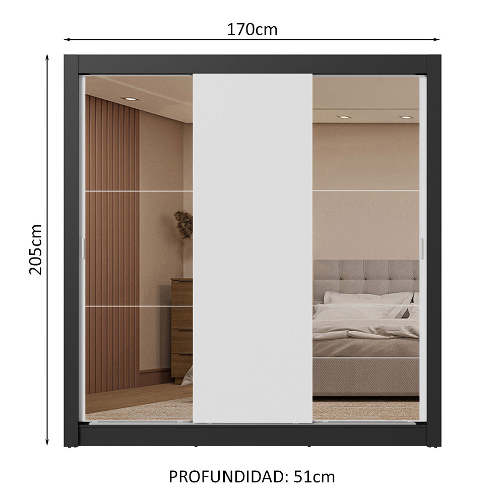 Placard Matrimonial 3 Puertas Corredizas con Espejos 2 Cajones Negro/Blanco Sublime
