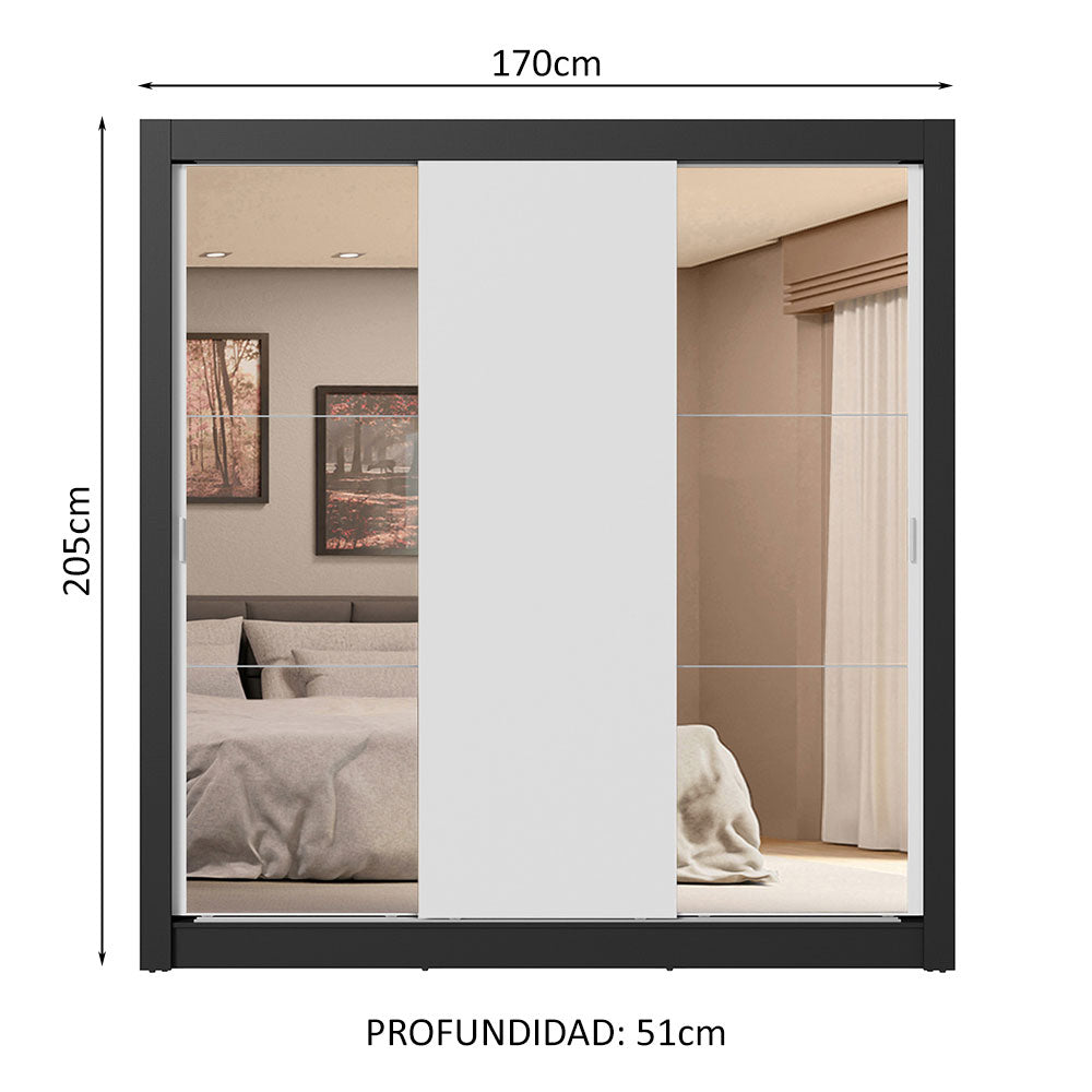 Placard Matrimonial 3 Puertas Corredizas con Espejos 4 Cajones Negro/Blanco Sublime Plus