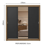 Placard Matrimonial 3 Puertas Corredizas con Espejo 2 Cajones Marrón/Negro Sublime