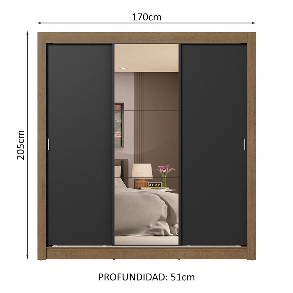 Placard Matrimonial 3 Puertas Corredizas con Espejo 4 Cajones Marrón/Negro Sublime Plus