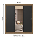 Placard Matrimonial 3 Puertas Corredizas con Espejo 4 Cajones Marrón/Negro Sublime Plus