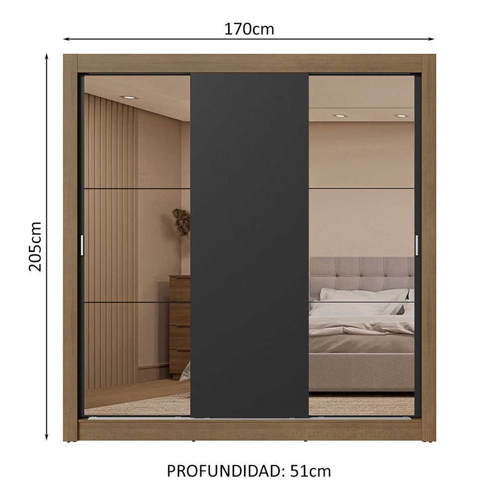 Placard Matrimonial 3 Puertas Corredizas con Espejos 2 Cajones Marrón/Negro Sublime