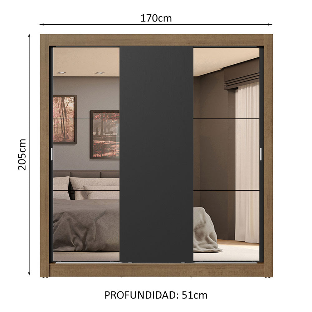 Placard Matrimonial 3 Puertas Corredizas con Espejos 4 Cajones Marrón/Negro Sublime Plus