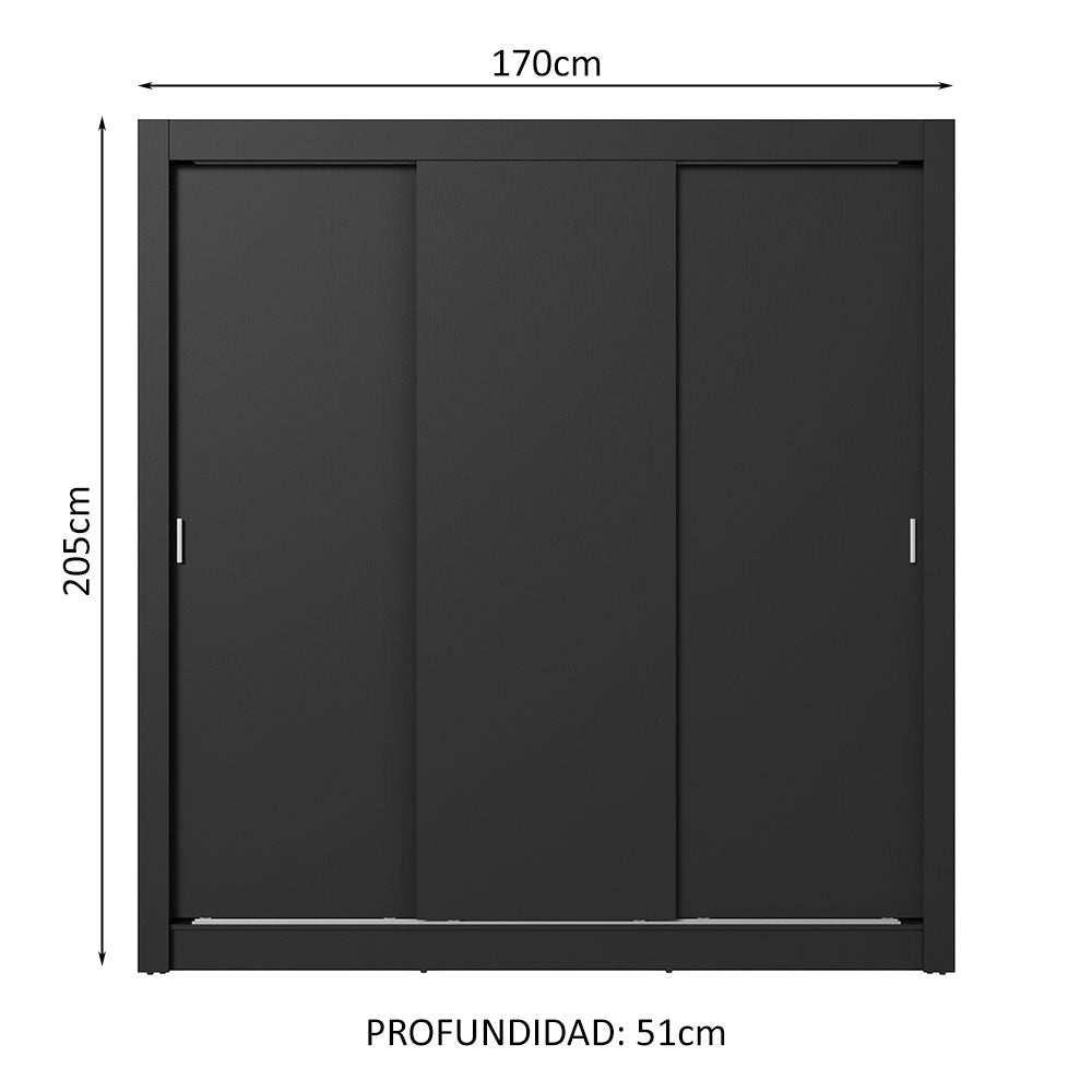 Placard Matrimonial 3 Puertas Corredizas Negro Nobre
