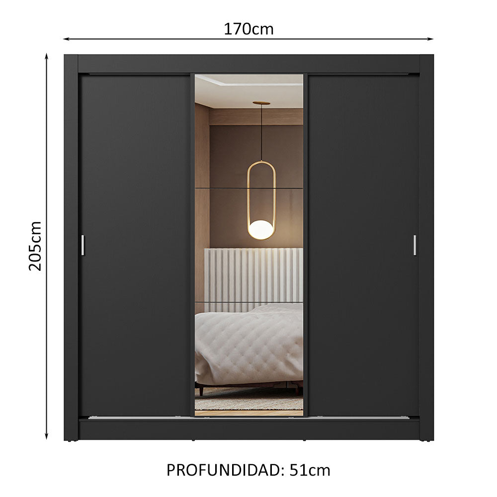 Placard Matrimonial 3 Puertas Corredizas con Espejo Negro Nobre