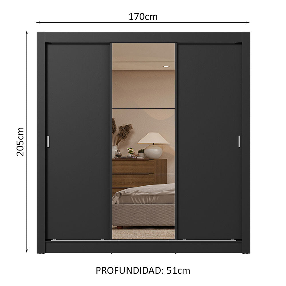 Placard Matrimonial 3 Puertas Corredizas con Espejo 2 Cajones Negro Sublime