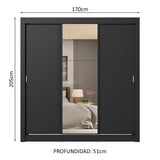 Placard Matrimonial 3 Puertas Corredizas con Espejo 4 Cajones Negro Sublime Plus