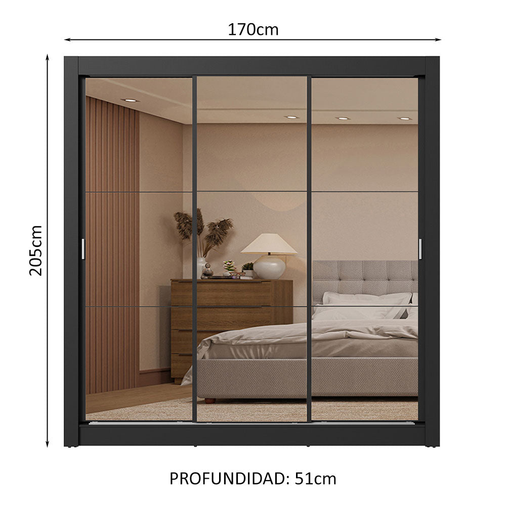 Placard Matrimonial 3 Puertas Corredizas de Espejo 2 Cajones Negro Sublime