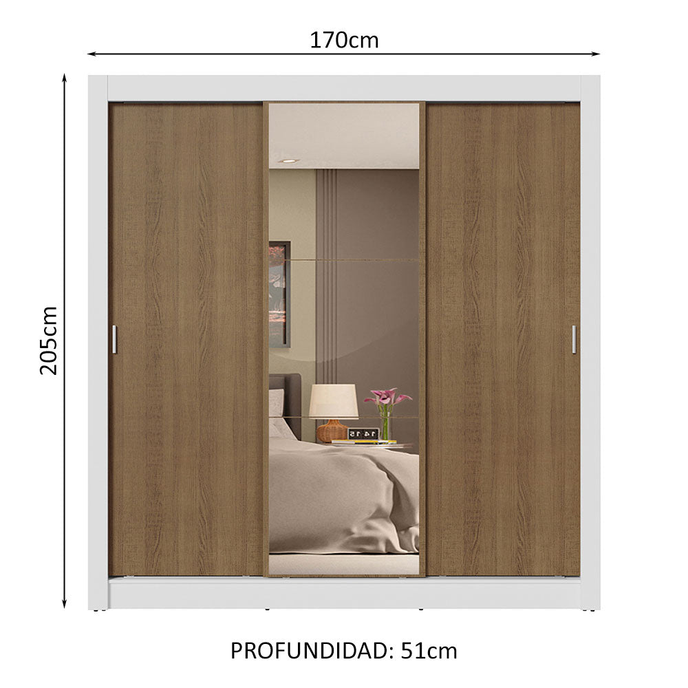 Placard Matrimonial 3 Puertas Corredizas con Espejo 4 Cajones Blanco/Marrón Sublime Plus