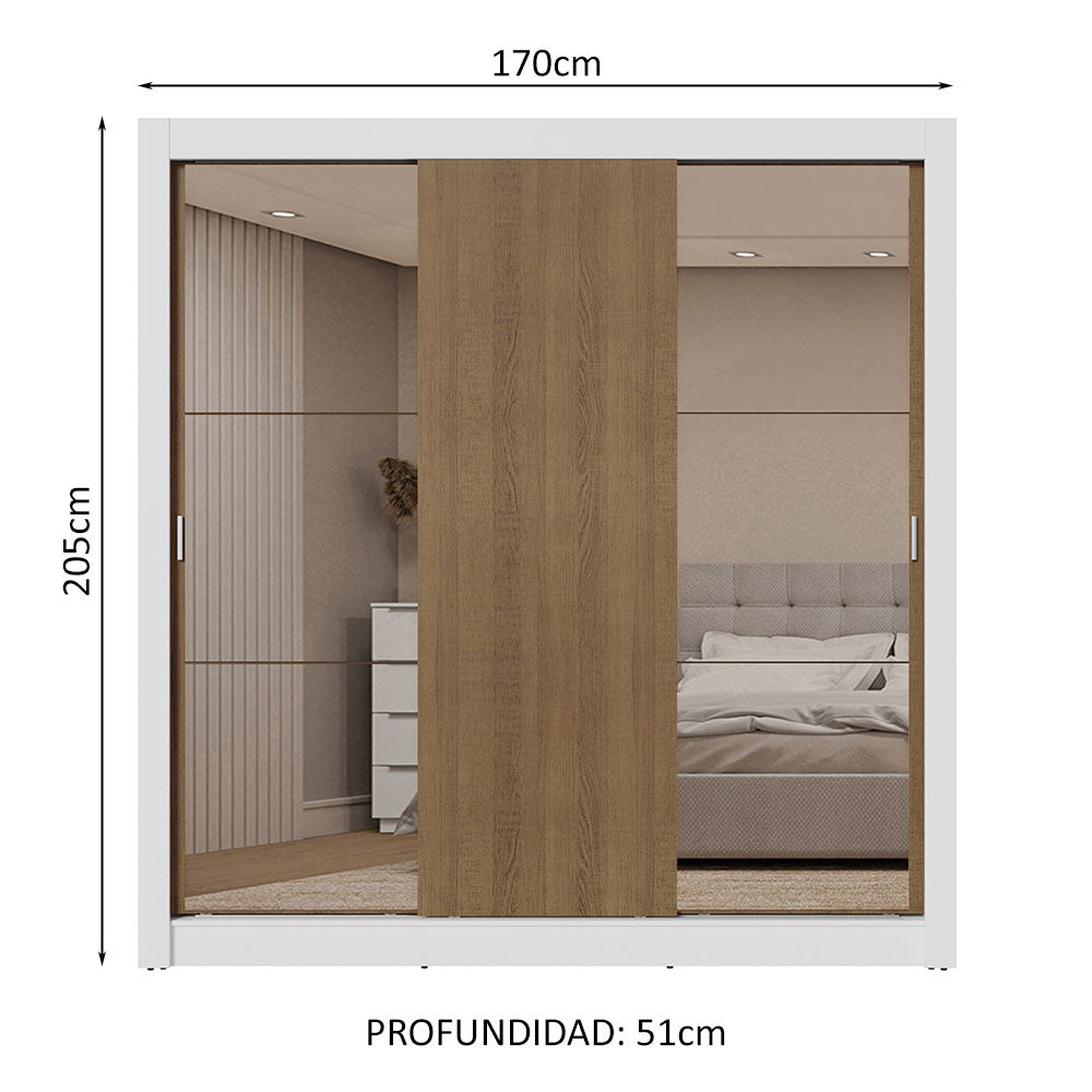 Placard Matrimonial 3 Puertas Corredizas con Espejos 2 Cajones Blanco/Marrón Sublime