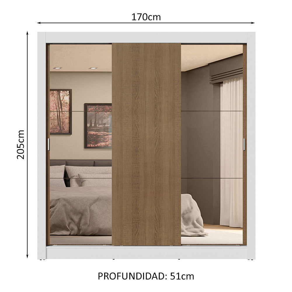 Placard Matrimonial 3 Puertas Corredizas con Espejos 4 Cajones Blanco/Marrón Sublime Plus