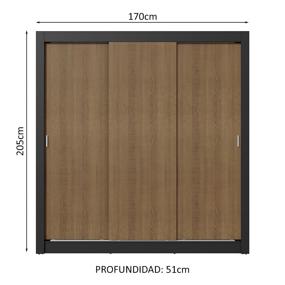 Placard Matrimonial 3 Puertas Corredizas Negro/Marrón Nobre