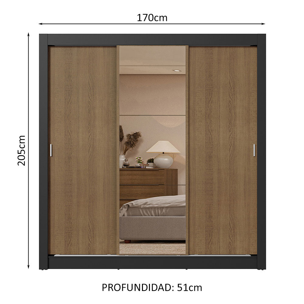 Placard Matrimonial 3 Puertas Corredizas con Espejo 2 Cajones Negro/Marrón Sublime