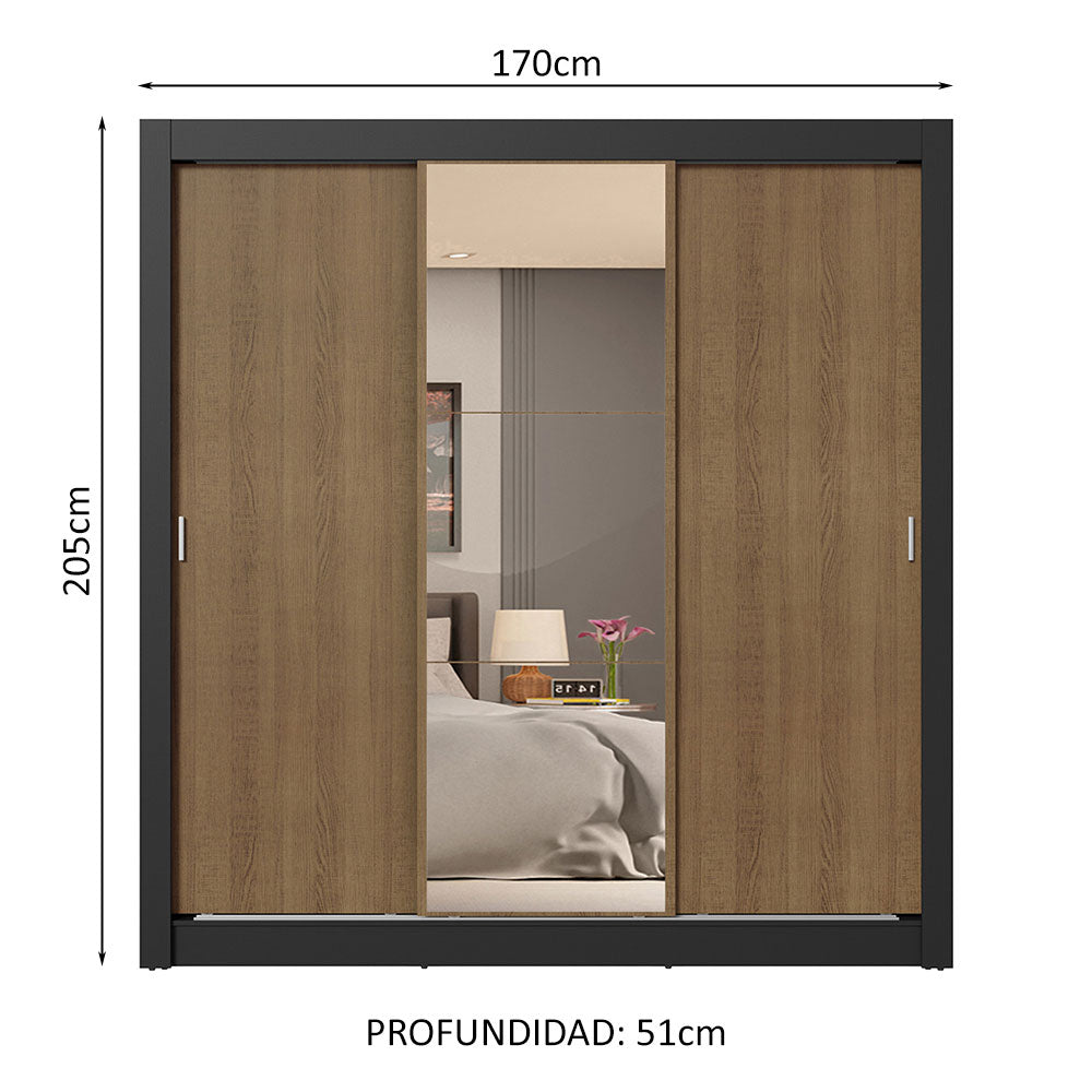Placard Matrimonial 3 Puertas Corredizas con Espejo 4 Cajones Negro/Marrón Sublime Plus